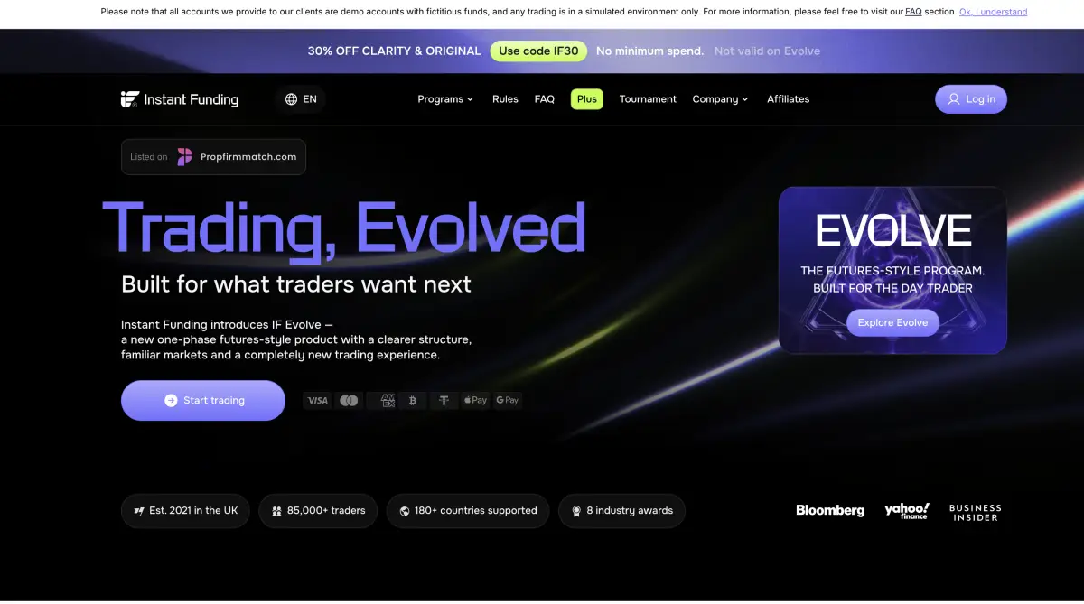 Instant Funding official website screenshot